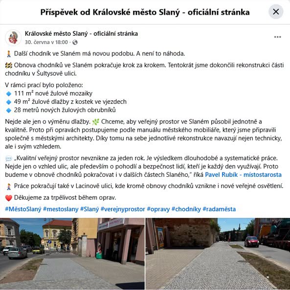 Šultysova ulice: „další chodník ve Slaném má novou podobu. A není to náhoda,“ chlubí se město.